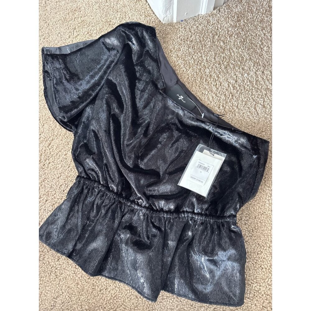7 For All Mankind Black One-Shoulder Top, Elastic Waist & Peplum Hem, NWT, S